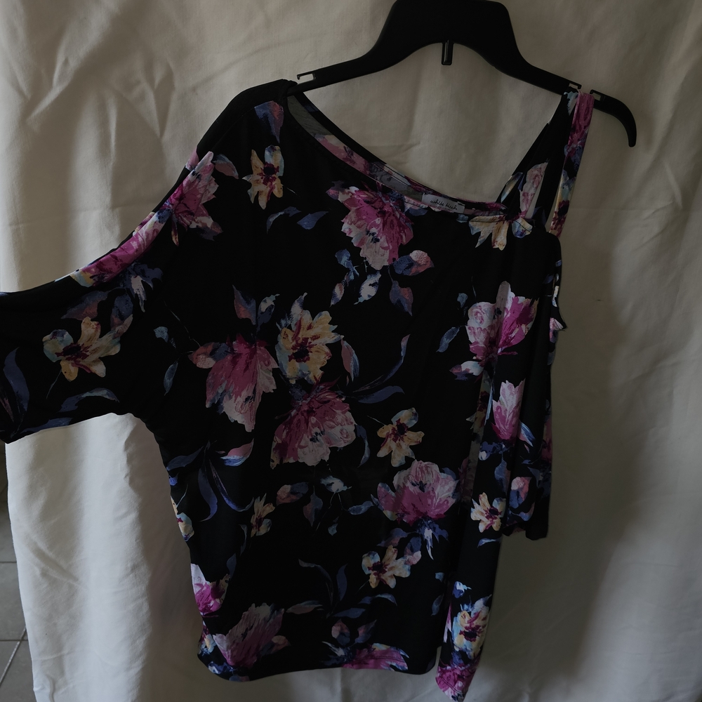 white birch Black Floral One-Shoulder Top with Pink & Yellow Blossoms